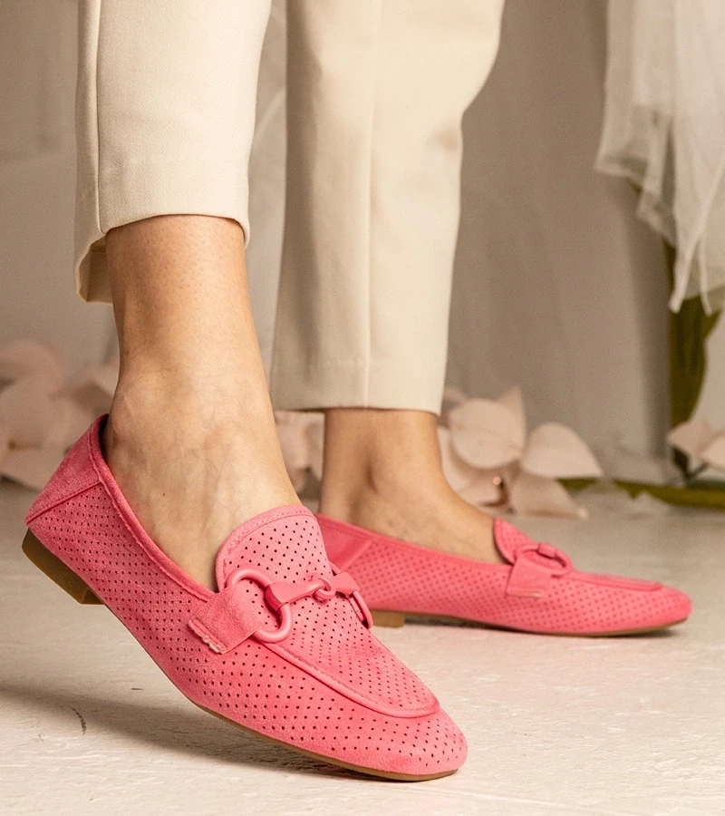 Gemre Mocasini roz pentru femei, perforați, cu ornament Mensory