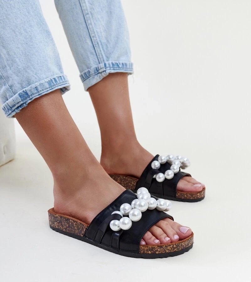 marka niezdefiniowana Pantofi de plajă negri cu talpă de plută și mărgele Zlatna