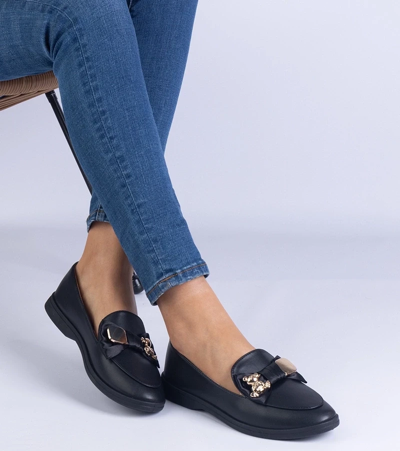 Gemre Mocasini negri decorați cu fundiță și ursuleț auriu Nensi