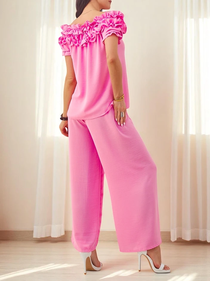 Resti Women's set with an off-the-shoulder blouse with short sleeves and decorative neckline, and flared pants