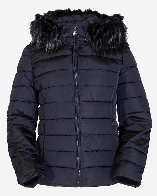 Resti Navy blue women's quilted jacket with hood and fur- Clothing