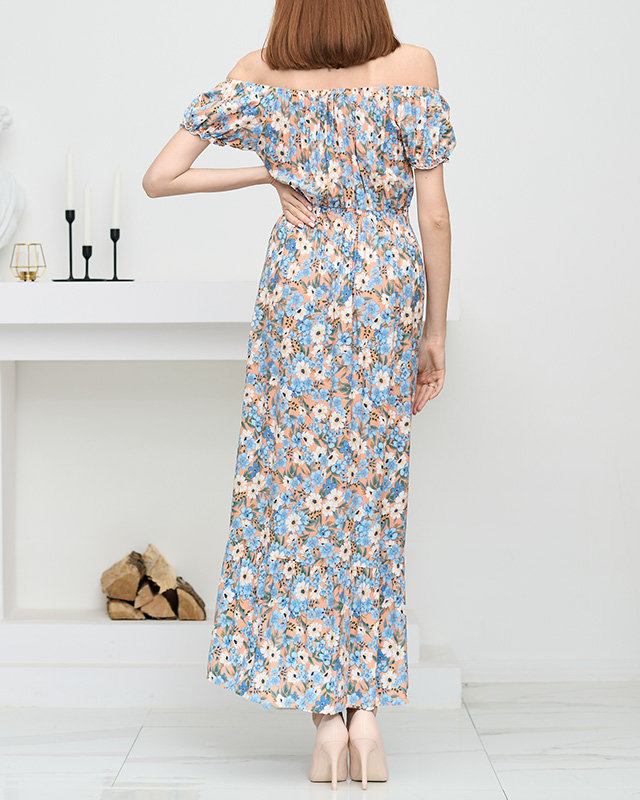 Resti Long orange summer dress for women with blue flowers - Clothing