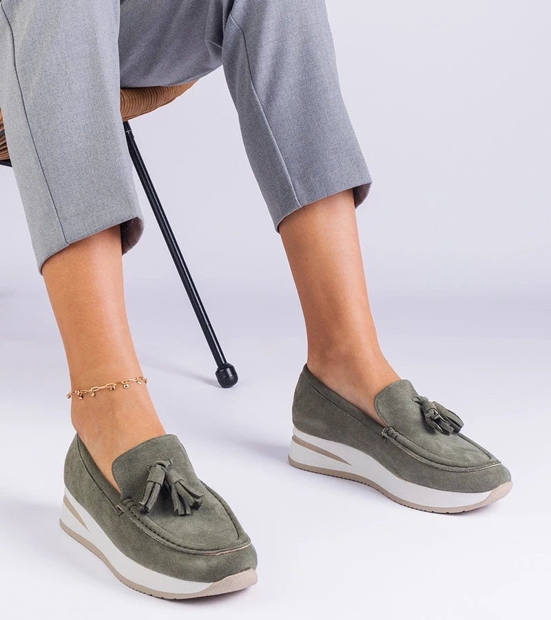 Gemre Pantofi verzi pentru femei, tip mocasini, pe platformă, cu ornamente Selerina