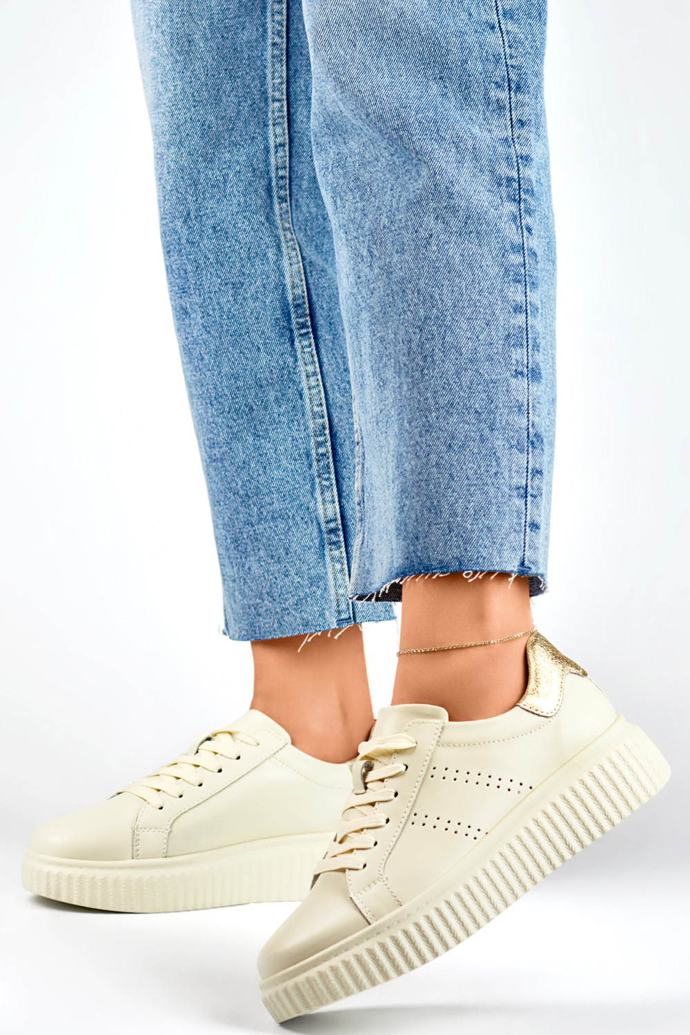 primohurt Beżowe buty sportowe damskie ze skóry naturalnej półbuty skórzane damskie