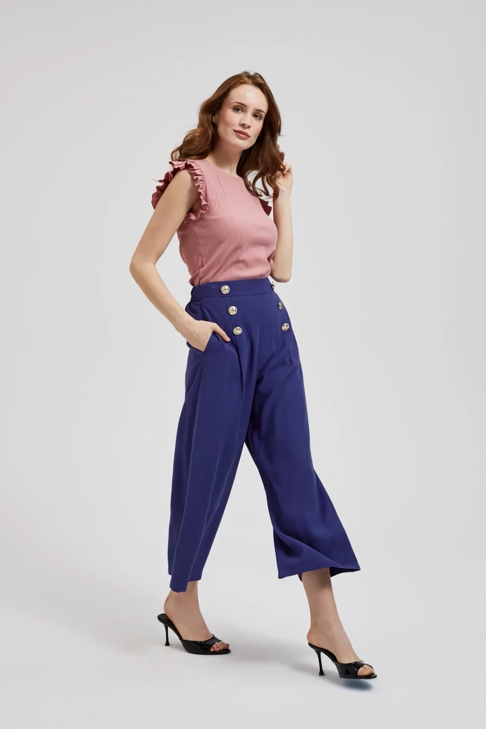 Women's trousers MOODO with decorative buttons - dark blue