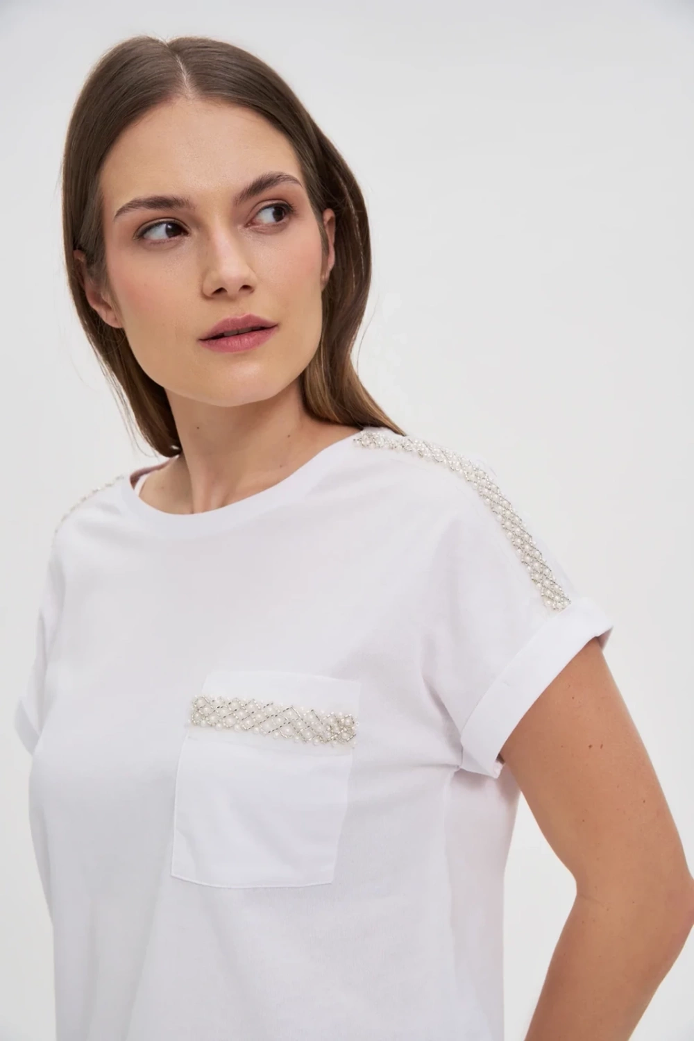 Marisse Cotton T-Shirt Decorated With Beads, White