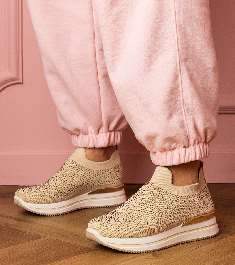 marka niezdefiniowana Beige women's platform sneakers with rhinestones Luizet