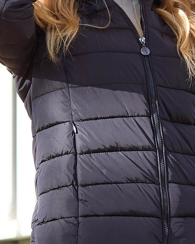 Resti Navy blue women's quilted jacket with hood and fur- Clothing