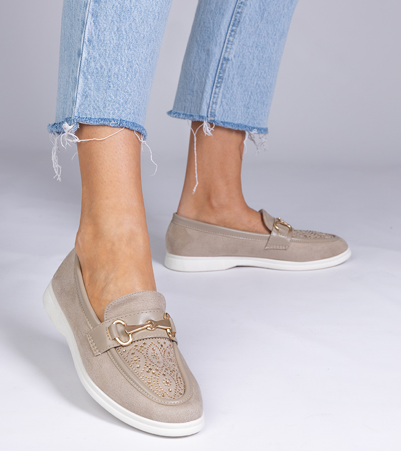 Gemre Mocasini crem din piele ecologică întoarsă cu strasuri Minilla