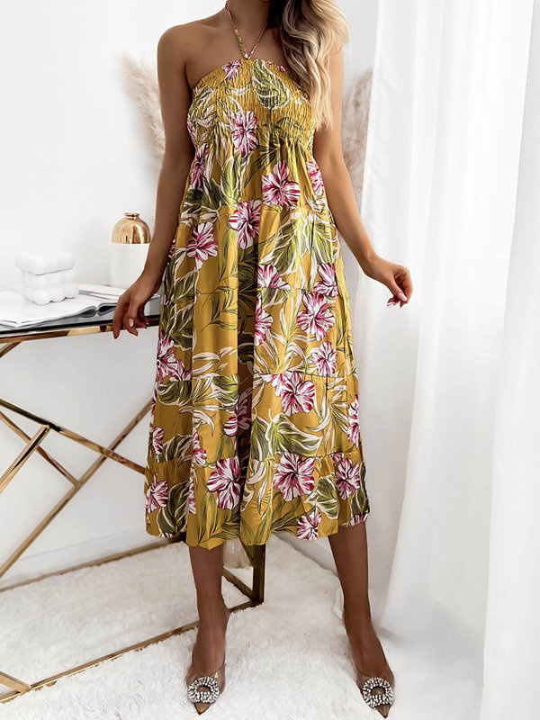 Resti Yellow women's midi dress with floral pattern - Clothing