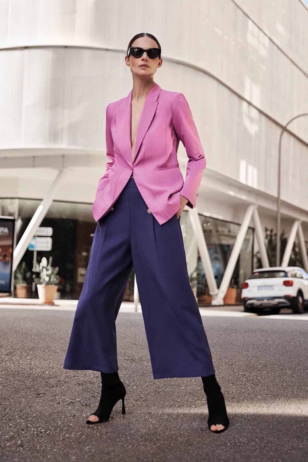 Women's trousers MOODO with decorative buttons - dark blue