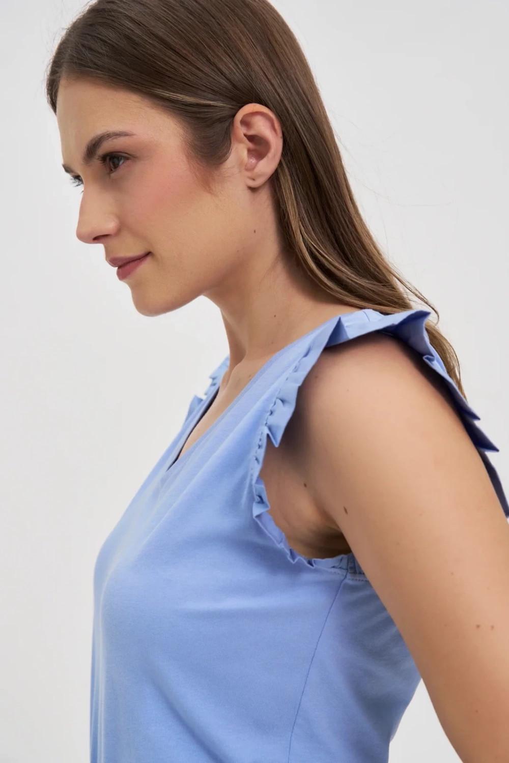 Marisse Sky Blue Blouse With Ruffles On The Shoulders