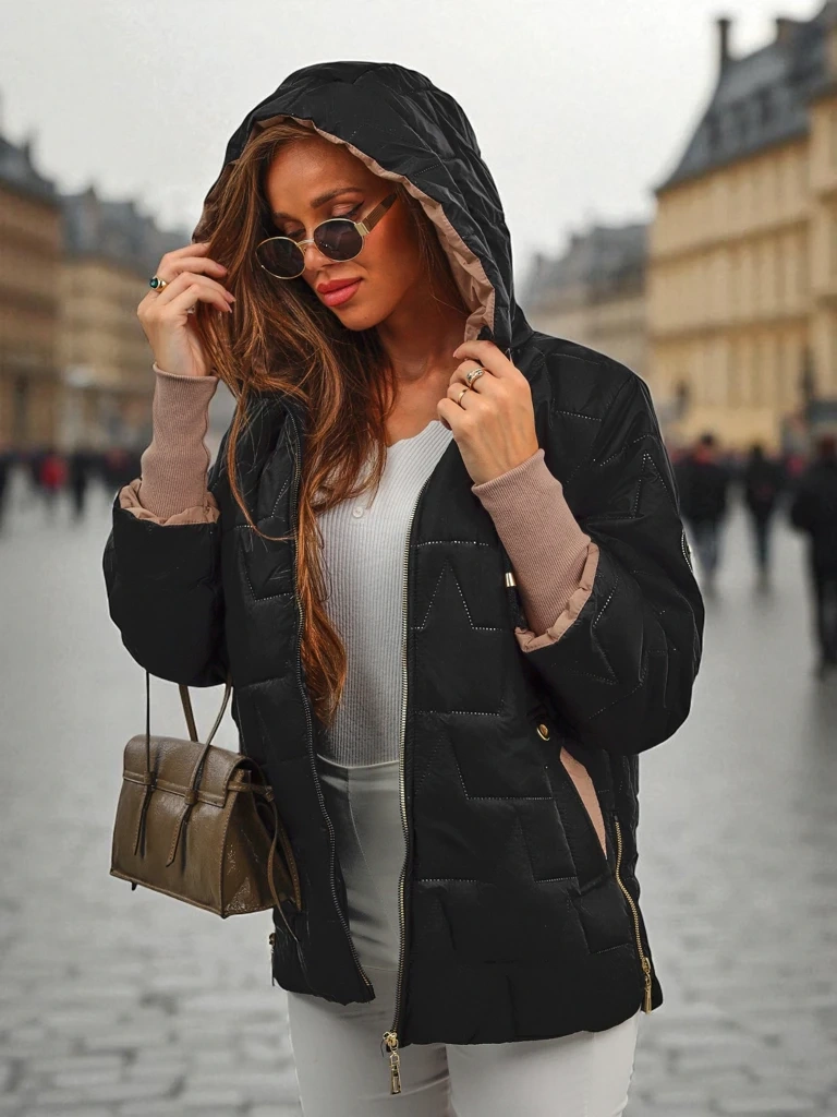 Resti Women's Quilted Jacket with Hood and Cuffs on Sleeves Stone Hollow
