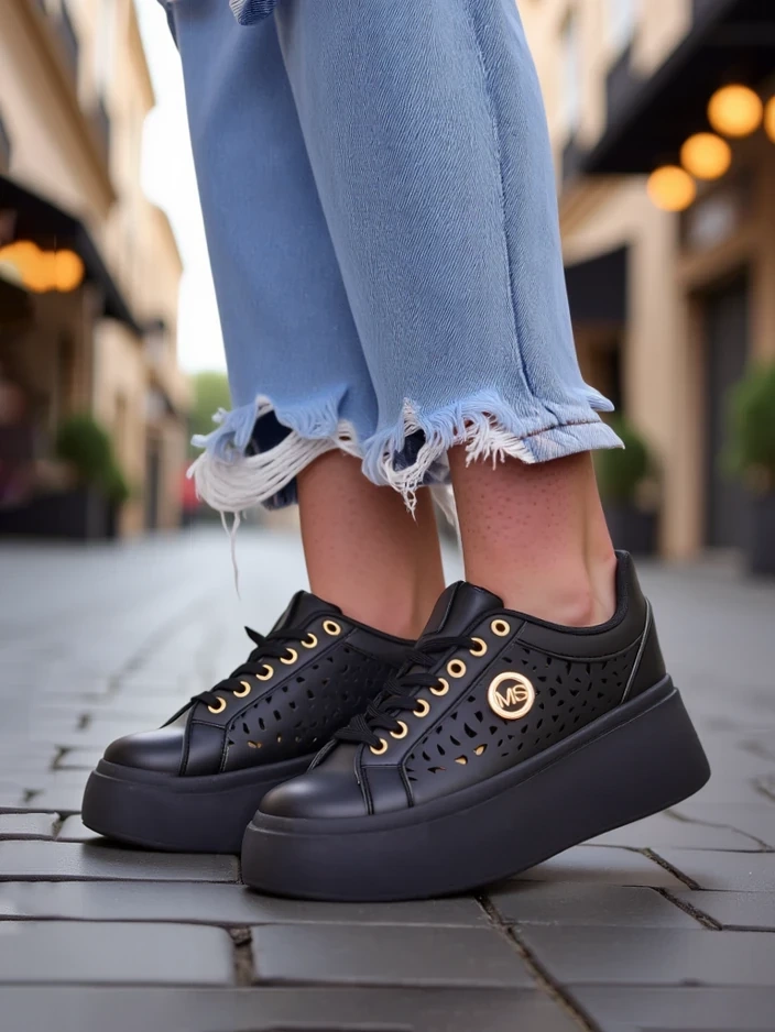 Resti Aurelia Nero - Black platform made of eco-leather, model LH201-8