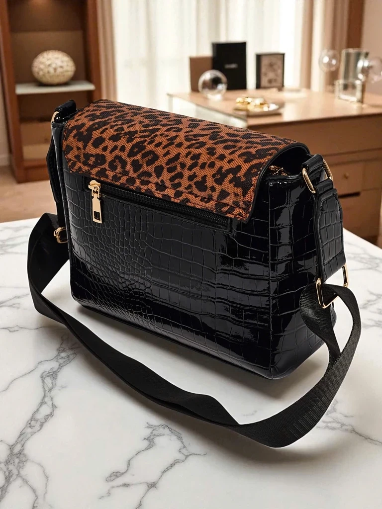 Resti Athena Nero - stylish women's patent handbag with panther