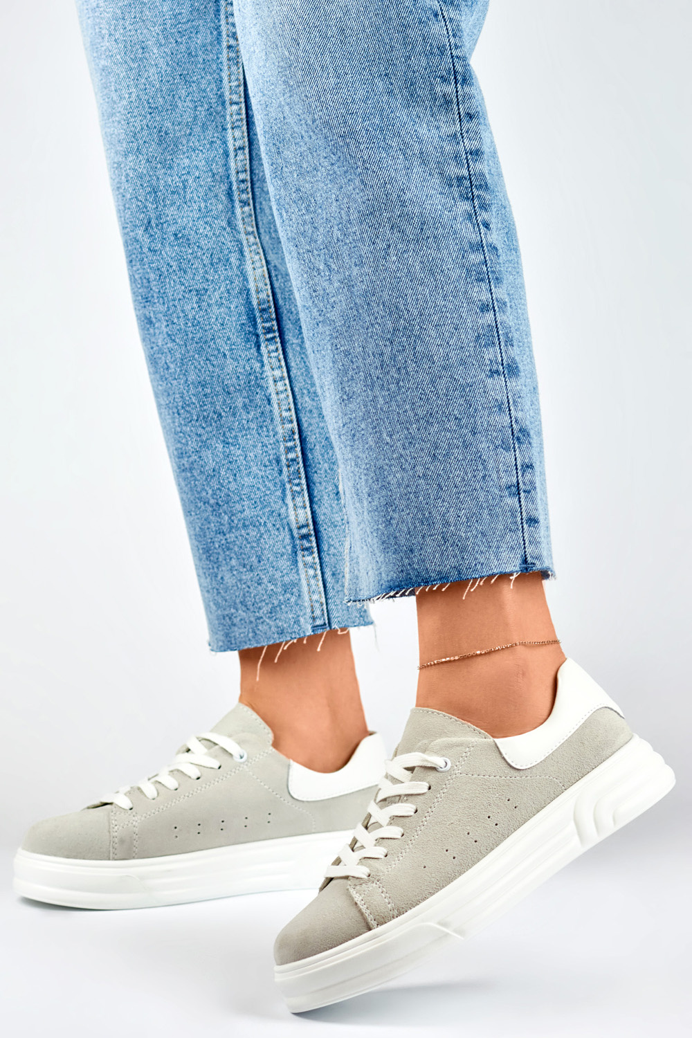 primohurt Skórzane buty damskie na płaskiej podeszwie szare