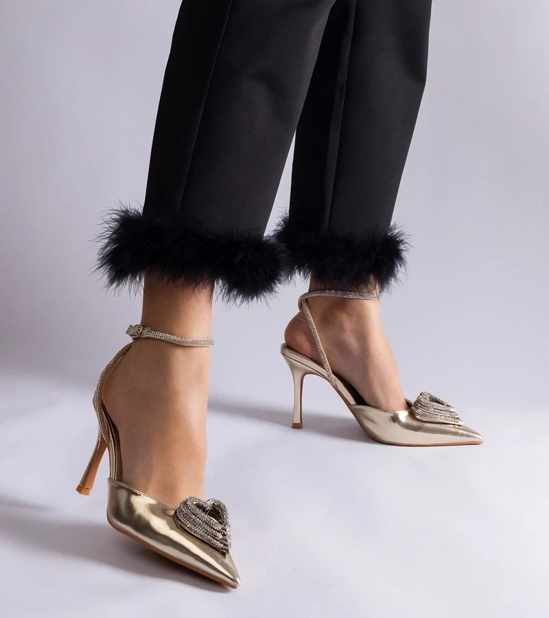 Gemre Pantofi aurii cu toc cui, cu călcâi decupat, decorați cu zirconii Isoda