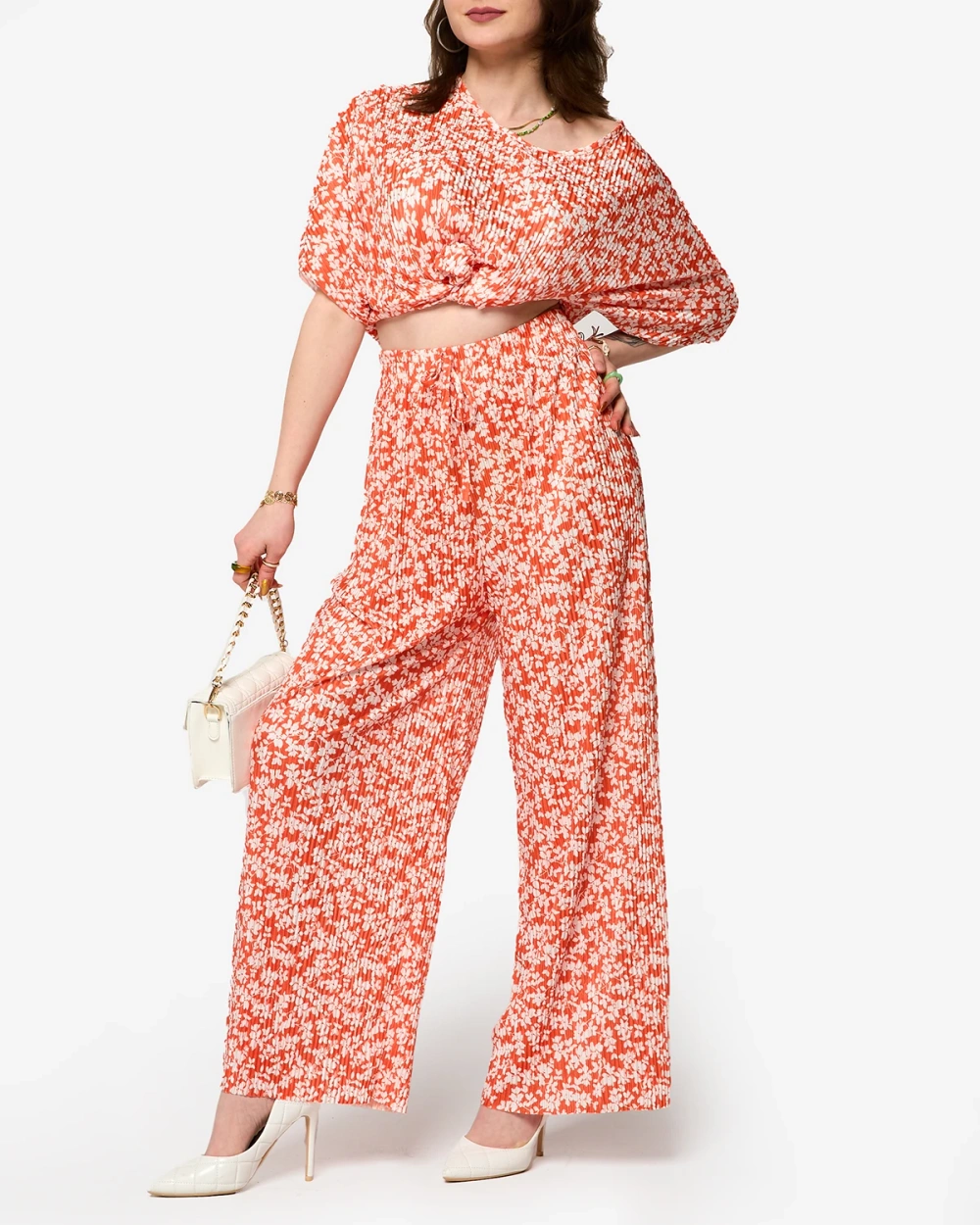 Resti Orange women's pleated set with black flowers - Clothing