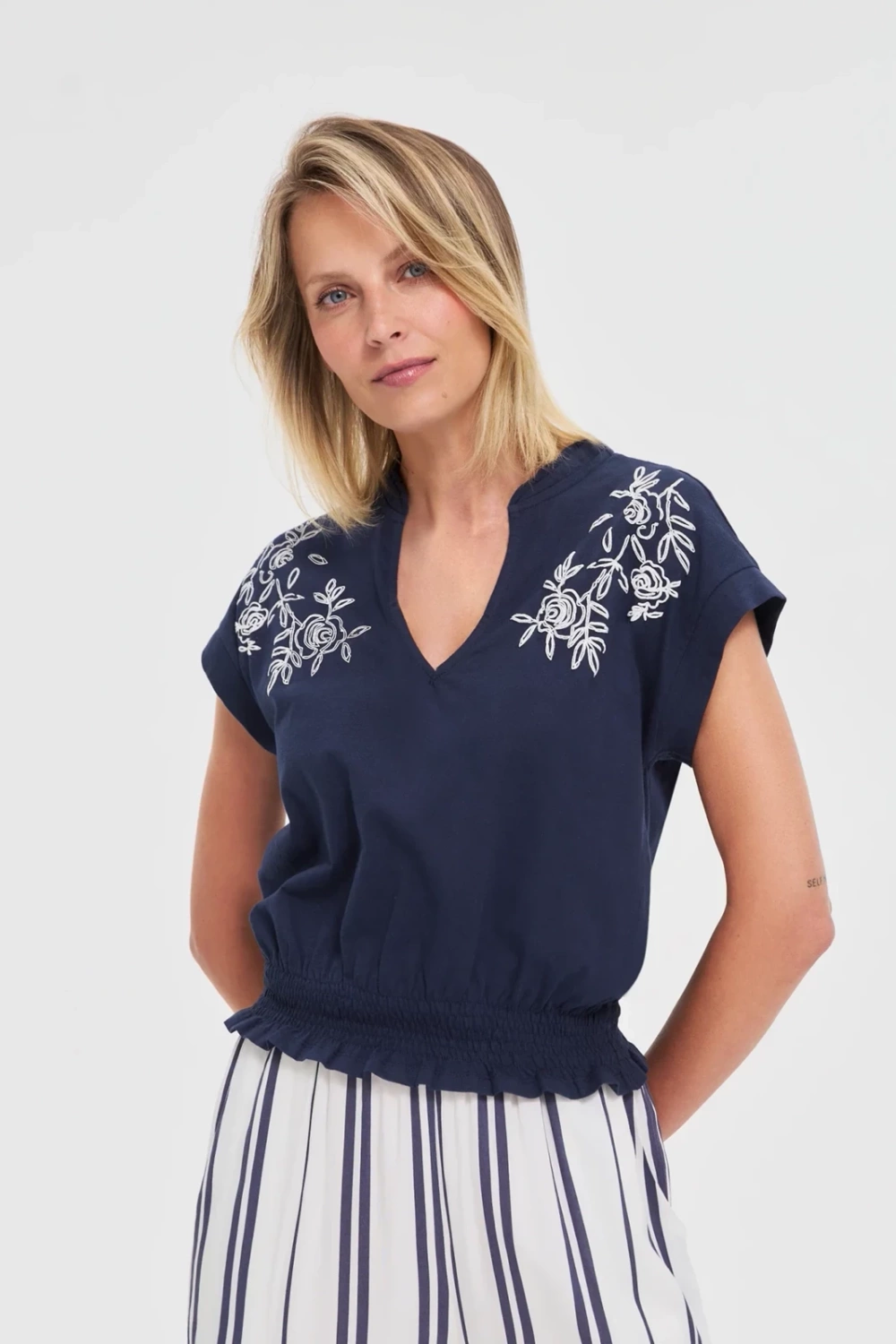 Marisse Navy Blue Cotton Blouse