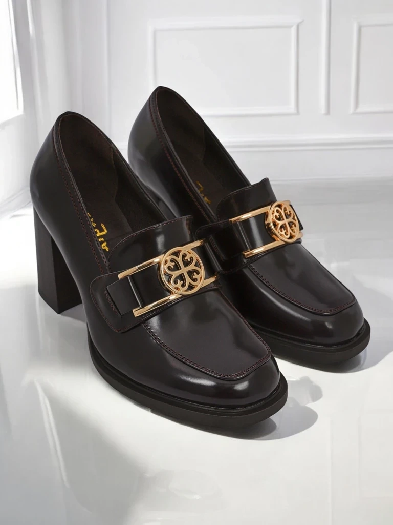 Resti Persephone Nero Women&#039;s Block Heel Loafers Eco Leather Gold Buckle