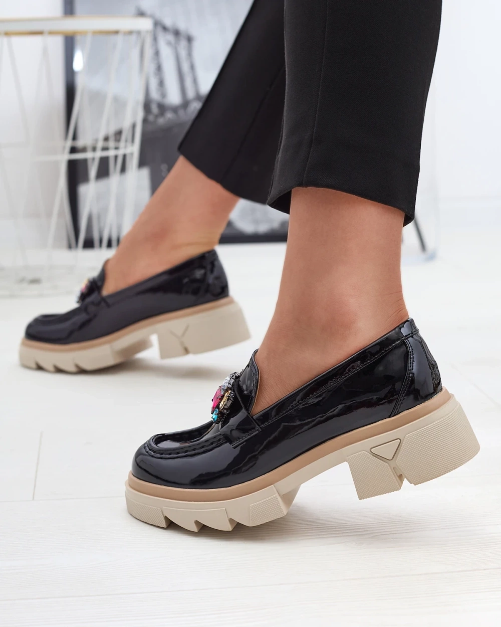 Resti Lacquered black moccasins with colored stones Sarix - Footwear