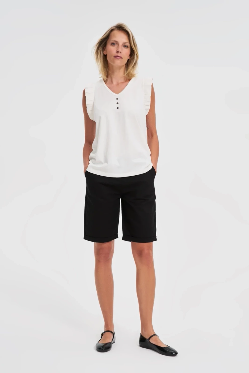 Marisse White Blouse With Ruffles On The Shoulders