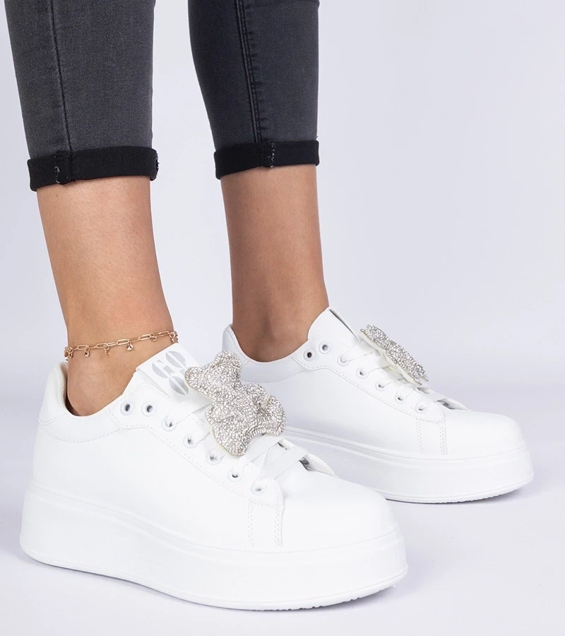 marka niezdefiniowana White women's sneakers decorated with a rhinestone teddy Karrot