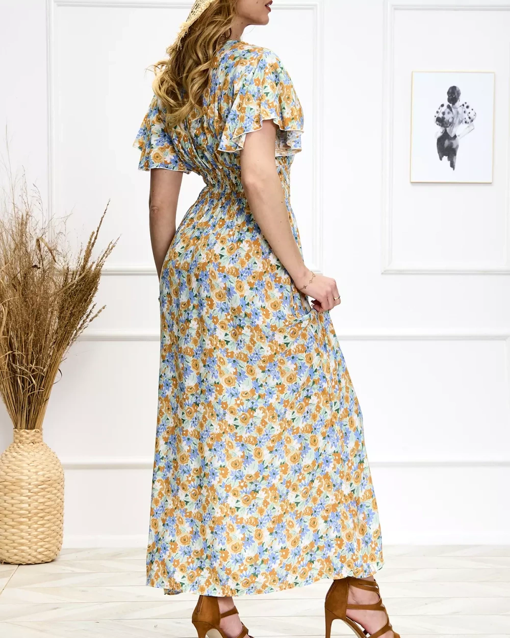 Resti Blue and yellow women's floral midi dress - Shoes