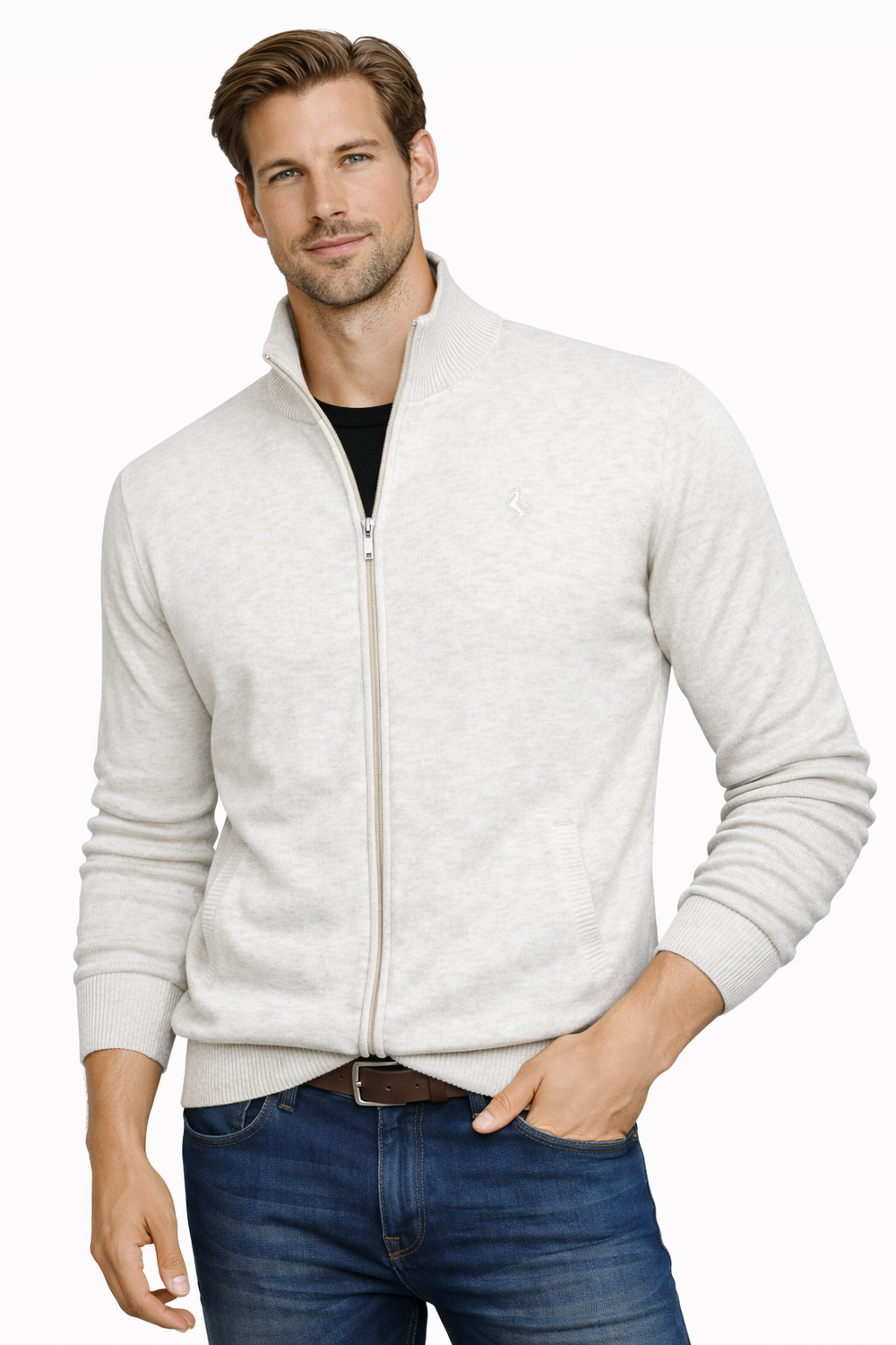 Мъжки бежов пуловер с копчета