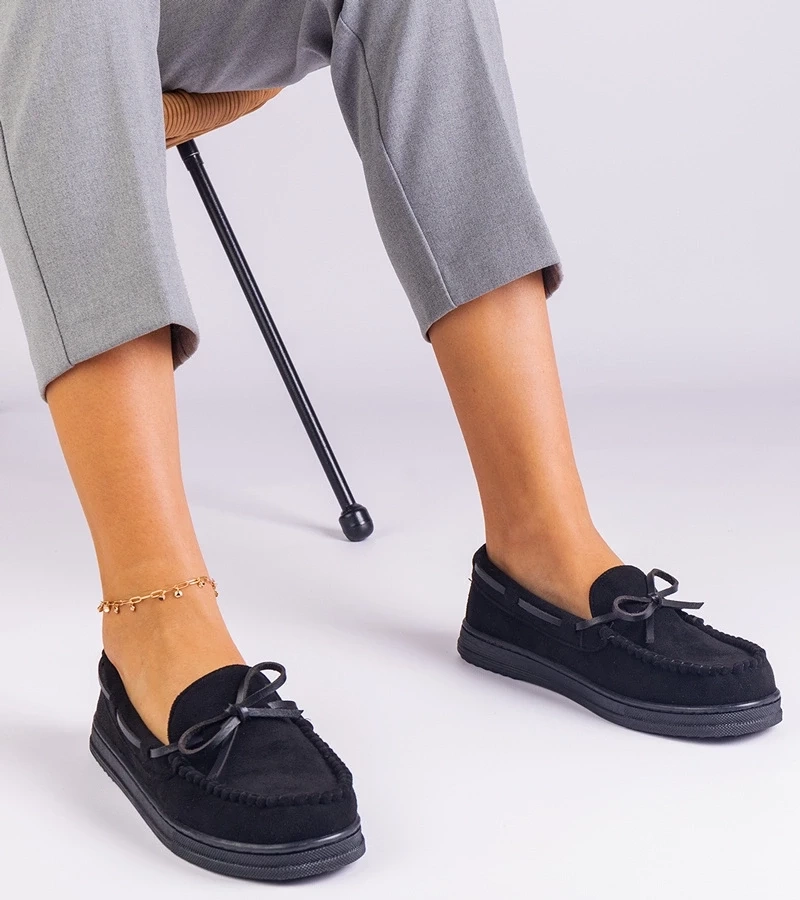 Gemre Mocasini negri de damă din piele ecologică întoarsă cu fundiță Sarina