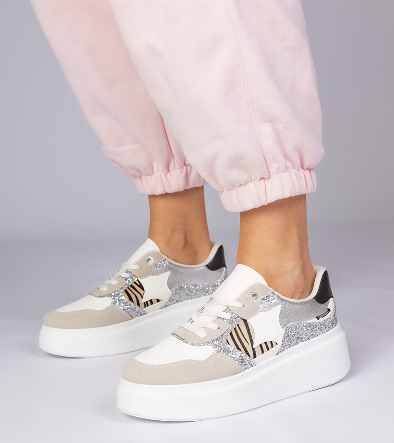 Gemre Adidași bej cu sclipici și imprimeu animal Bertula