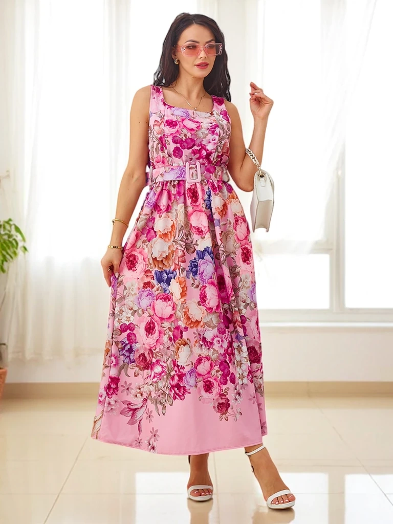 Resti Womens midi dress with straps, featuring a belt in various floral patterns