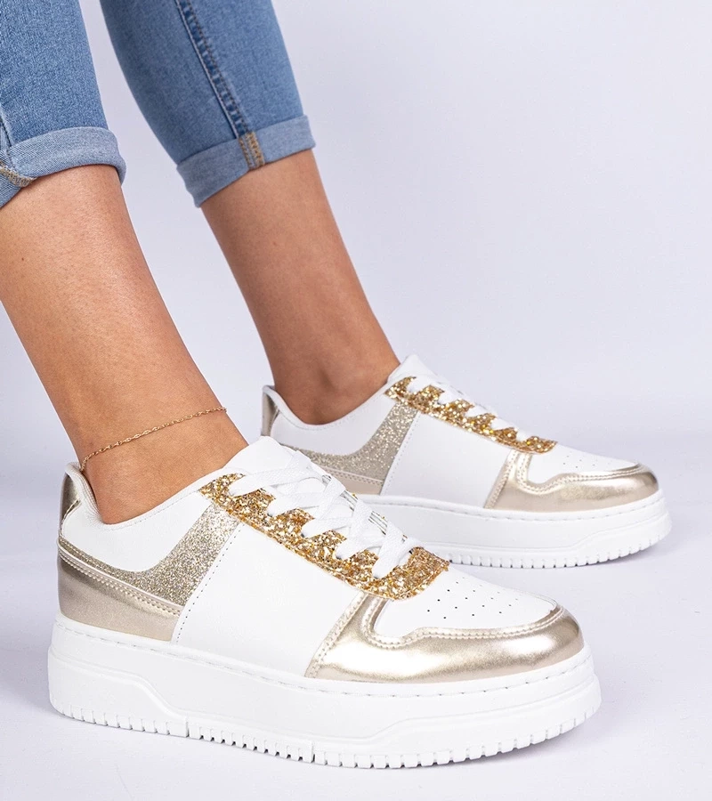 Gemre Adidași aurii de damă cu talpă groasă decorați cu sclipici Dolla