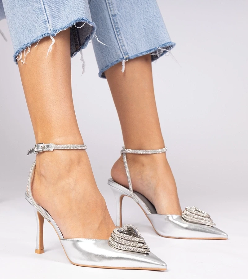 Gemre Pantofi cu toc argintii cu vârf deschis decorați cu zirconii Isoda