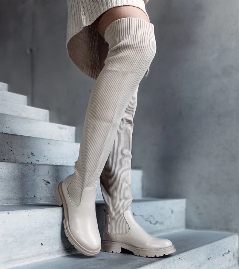 Gemre Cizme lungi bej cu gambă elastică Daryla.