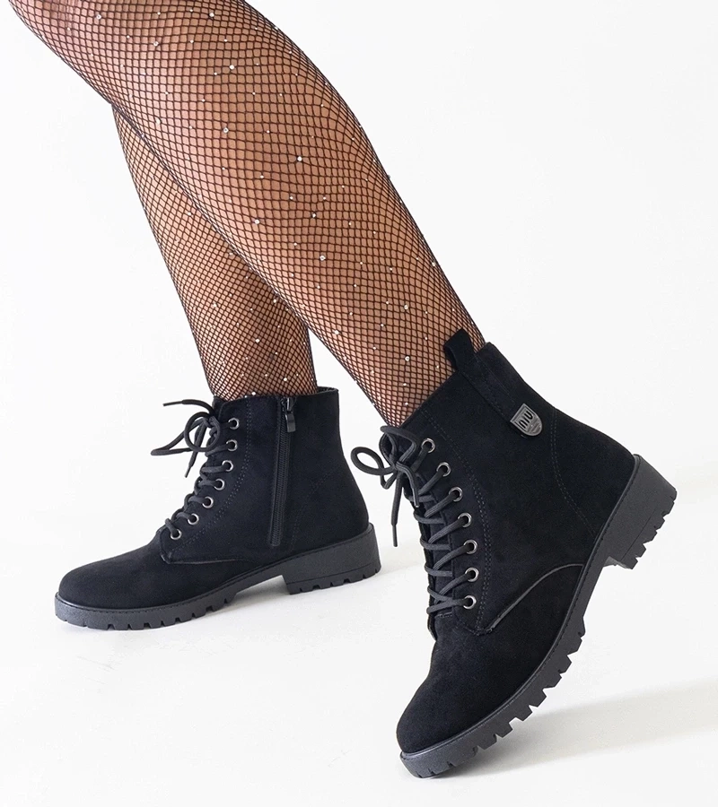 marka niezdefiniowana Black eco-suede worker ankle boots on a platform Madana