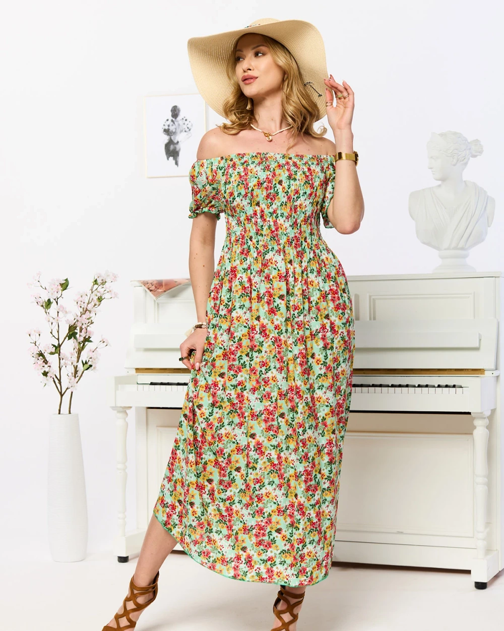 Resti Green women's midi dress with floral pattern- Clothing