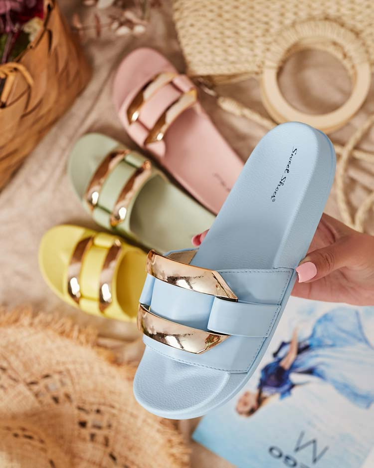 Resti Blue women&#039;s slippers with golden Serina ornament - Footwear
