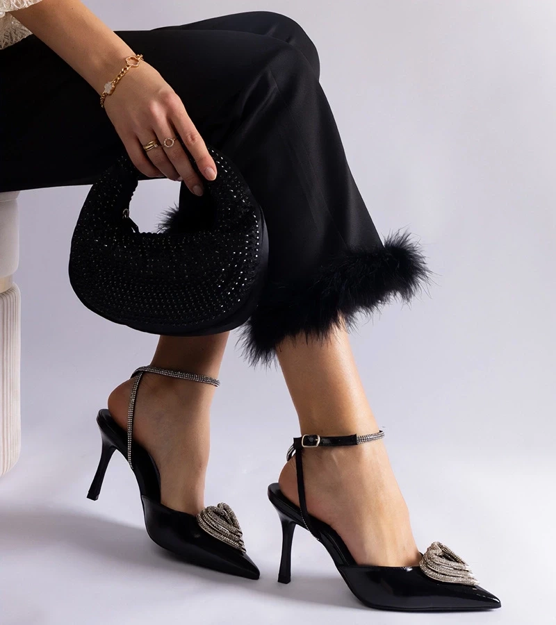 Gemre Pantofi negri cu toc cui și călcâi decupat, decorați cu pietre Isoda