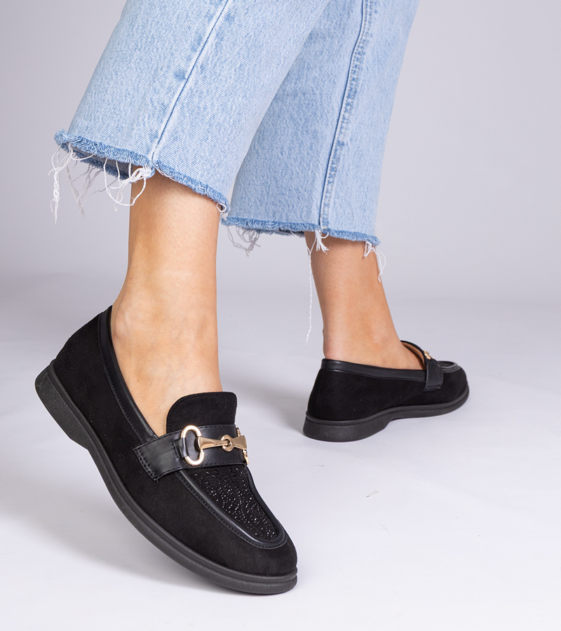 marka niezdefiniowana Black suede loafers with rhinestones Minilla