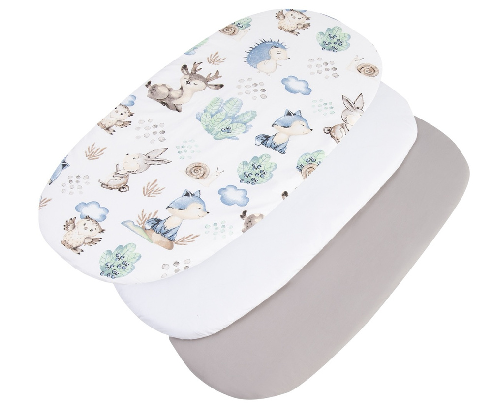 Medi Partners 3 – Pak – Fitted sheet for stroller – cotton – Deer and Hedgehog – White – Gray