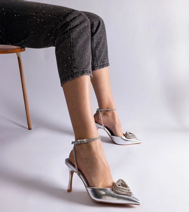 Gemre Pantofi cu toc argintii cu vârf deschis decorați cu zirconii Isoda