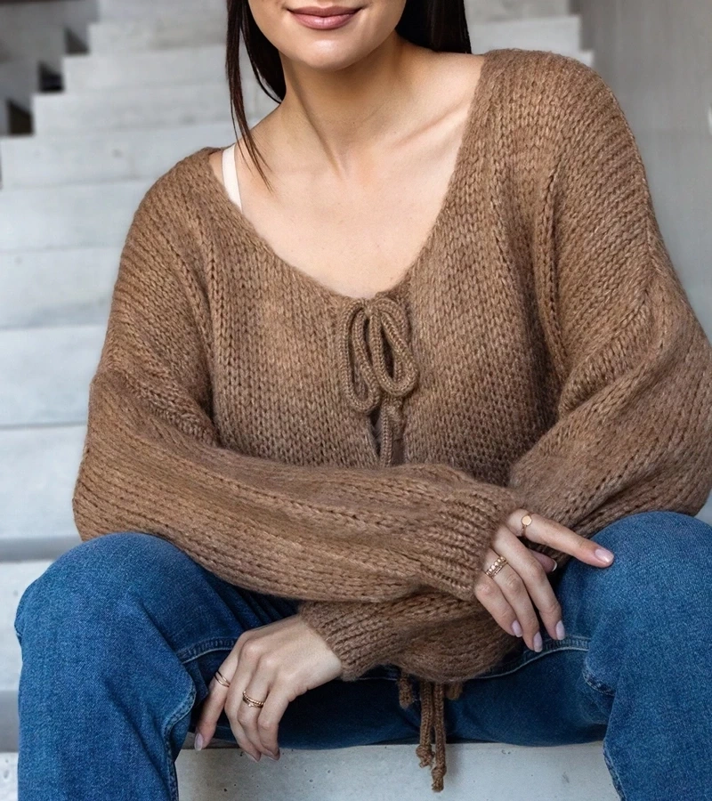 marka niezdefiniowana Brown tie-front sweater Sumaia