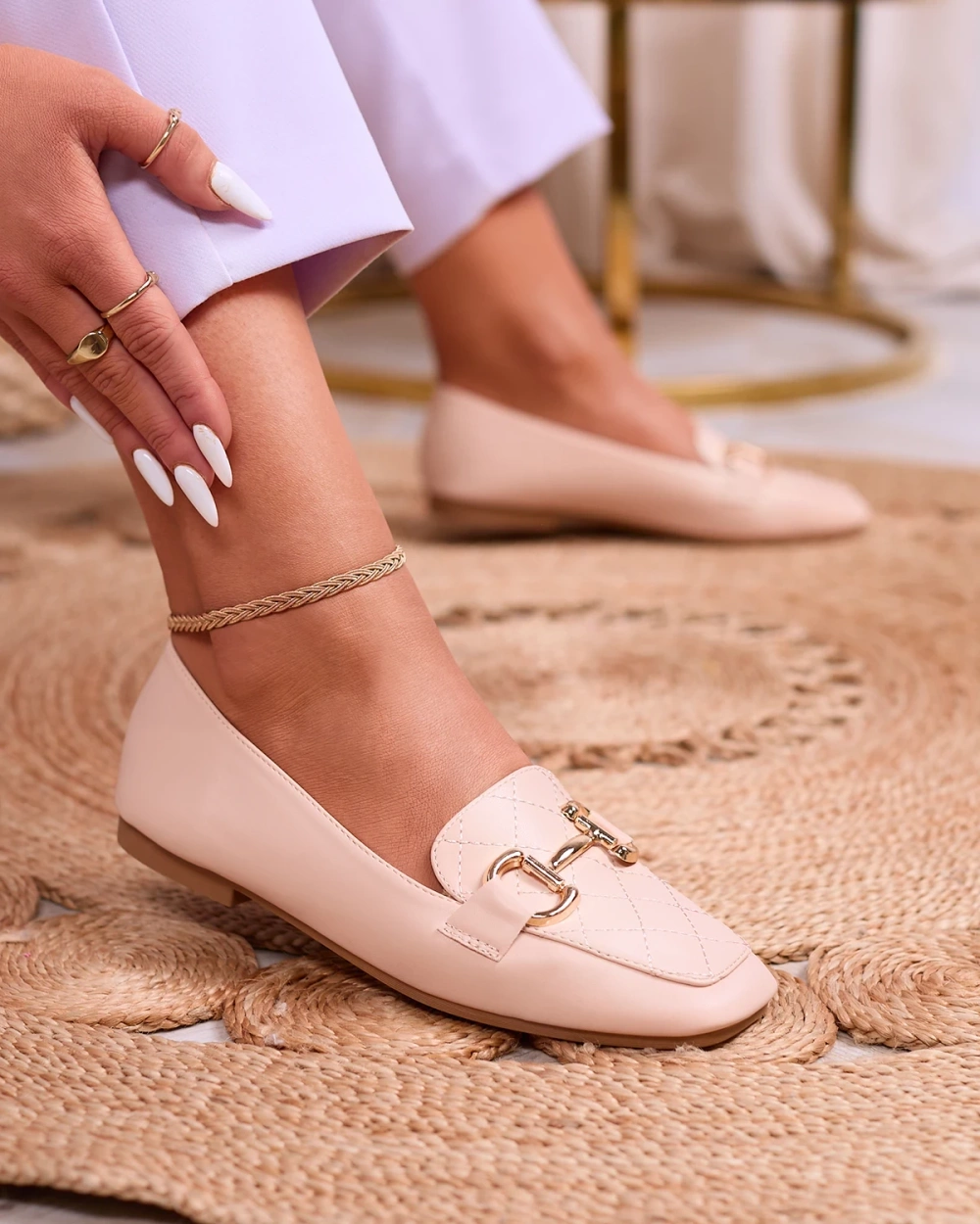 Resti Beige women&#039;s quilted moccasins with gold embellishment Wetifa