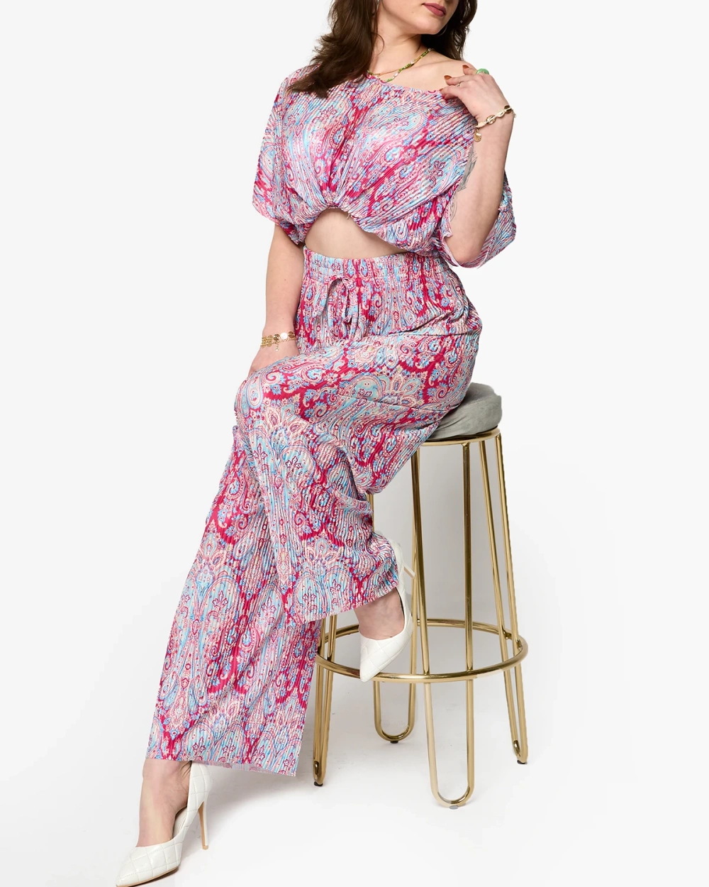 Resti Fuchsia-blue ribbed women's set with print- Clothing