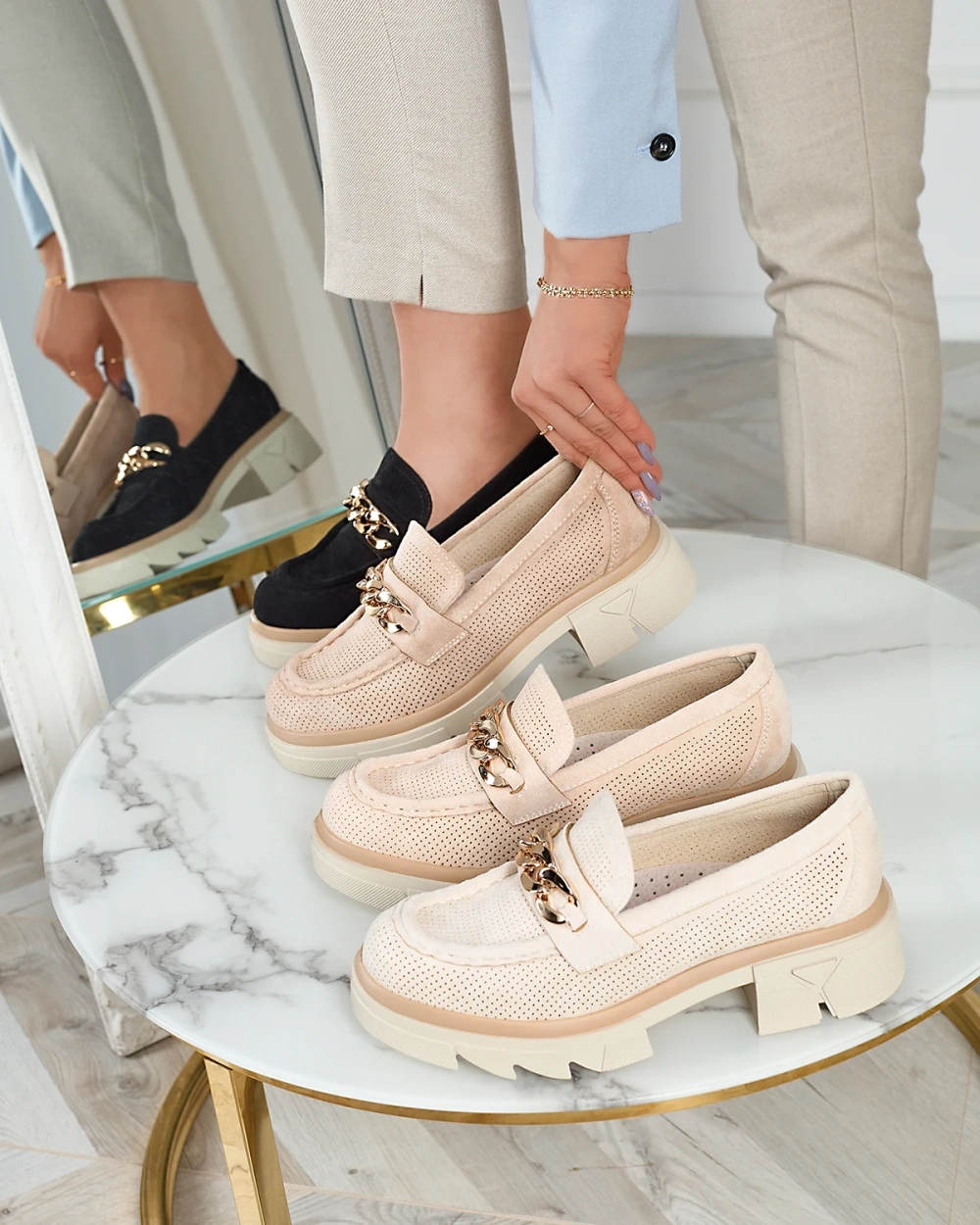 Resti Eco-suede moccasins with gold embellishment in black Zaffix- Footwear