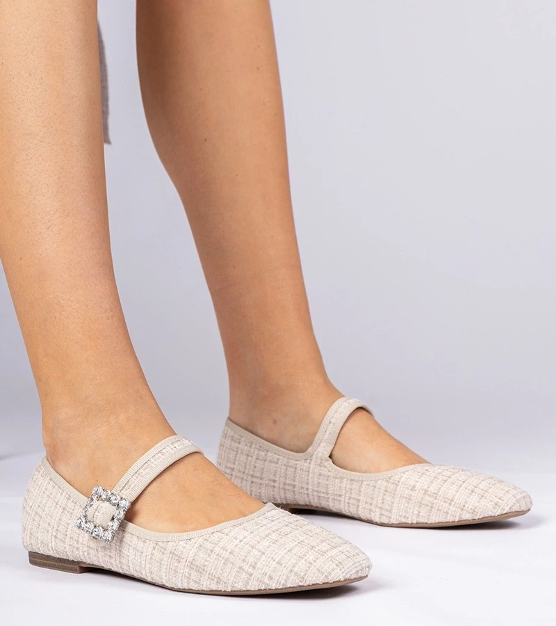 marka niezdefiniowana Beige women's ballet flats with buckle and crystals Piona