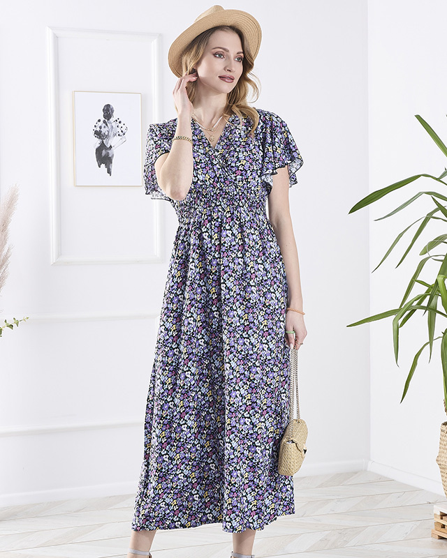 Resti Womens black long dress with purple flowers - Clothing