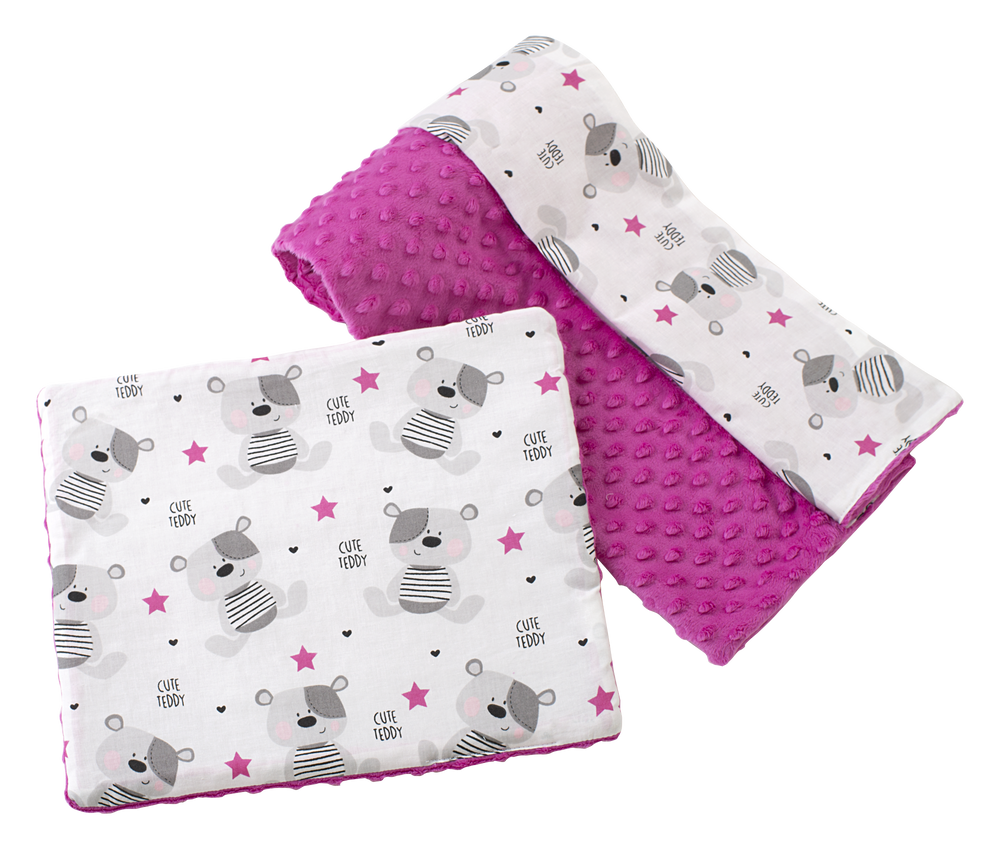 Medi Partners Quilt 75x100 + pillow 35x30 cotton + minky – Teddy + dark pink minky