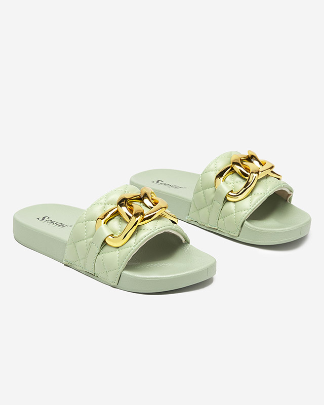 Resti Women&#039;s green quilted slippers with a gold chain Eteris - Footwear